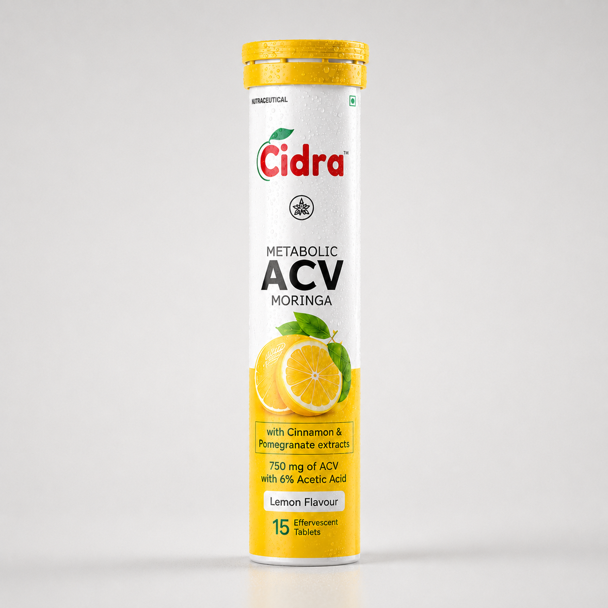 A tall cylindrical white and yellow bottle of Cidra Metabolic ACV Moringa lemon-flavored tablets, featuring a lemon graphic on the label, set against a neutral light gray background.